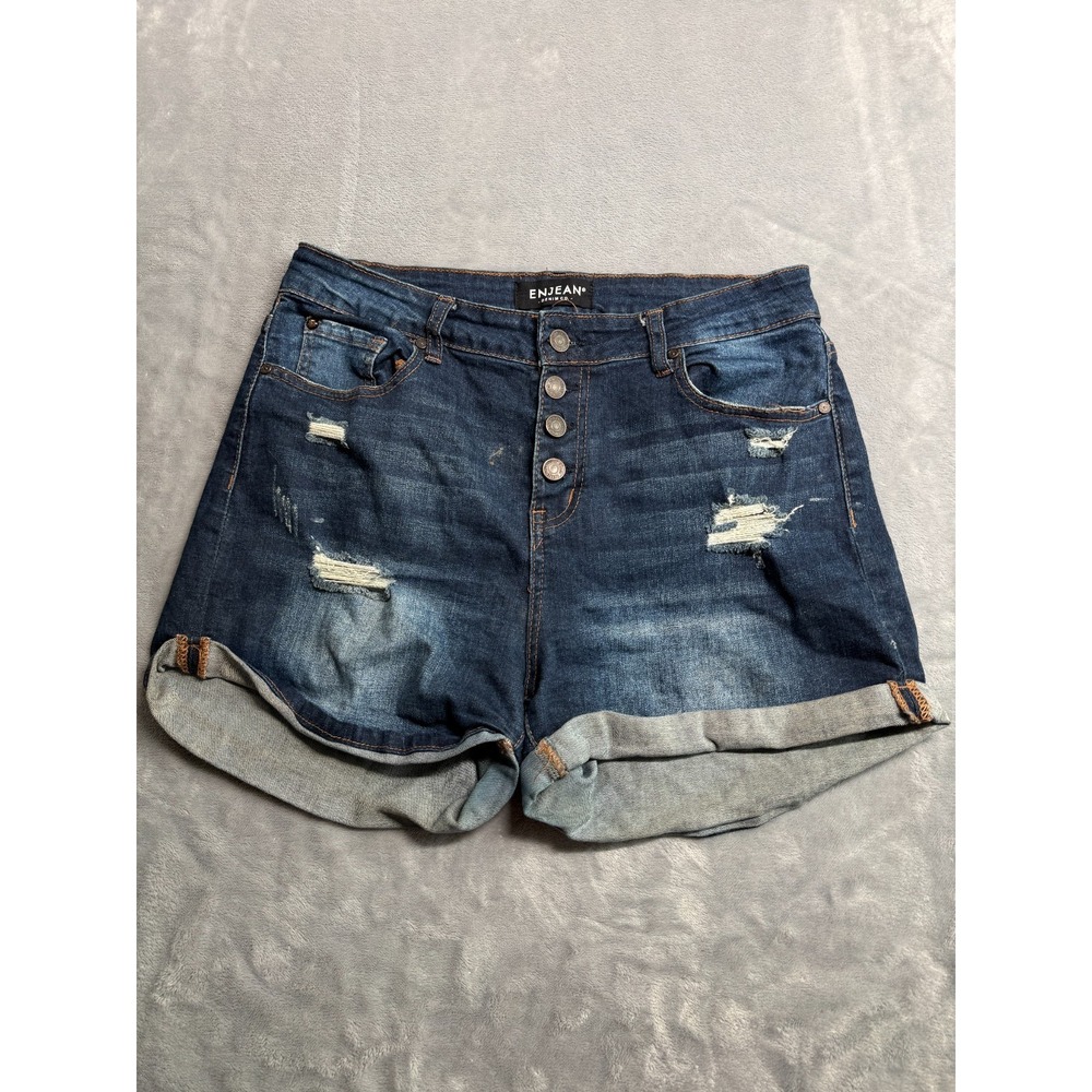 Enjean Boyfriend Shorts Womens Large Blue Denim Distressed Rolled Hem Button Fly